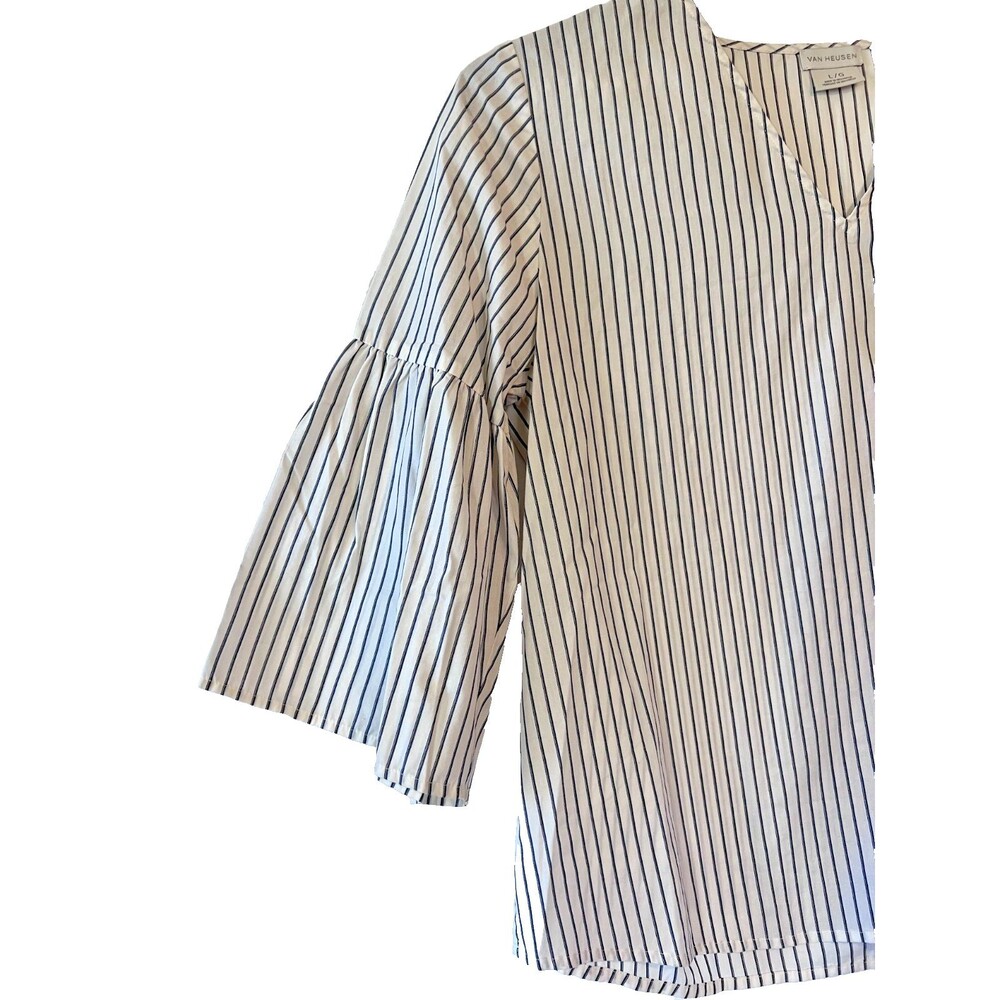Ladies Van Heusen Blue & Cream Striped Blouse w Balloon Sleeves Size Large EUC